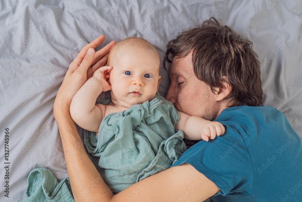 A father lovingly embraces his 3-month-old baby, wrapped in a soft muslin swaddle. A heartwarming display of tenderness and connection. Parenthood, love, and nurturing bond concept