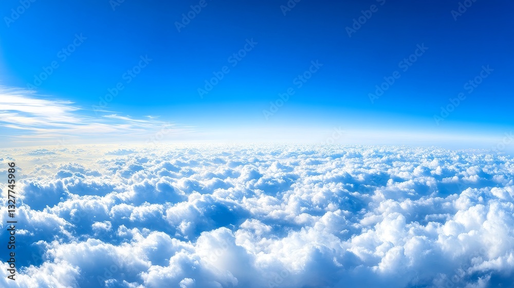 Expansive view of fluffy clouds against a vibrant blue sky, capturing serene atmosphere Expansive view of fluffy clouds against a vibrant blue sky, capturing serene atmosphere