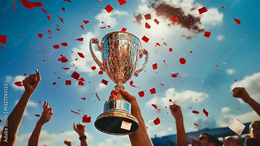 Triumphant Victory: A Golden Trophy Soars Amidst a Celebration of Success