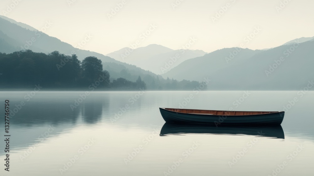 Fototapeta Serene Boat Gliding on Calm Lake Surface