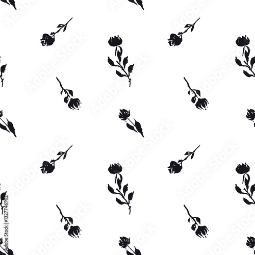 Seamless pattern with black and white hand drawn flowers and leaves. Loose botanical repeat background. Rough florals monochrome wallpaper.