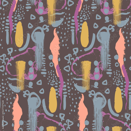 Abstract whimsical seamless pattern with hand drawn shapes on brown background. Minimalist neutral wallpaper