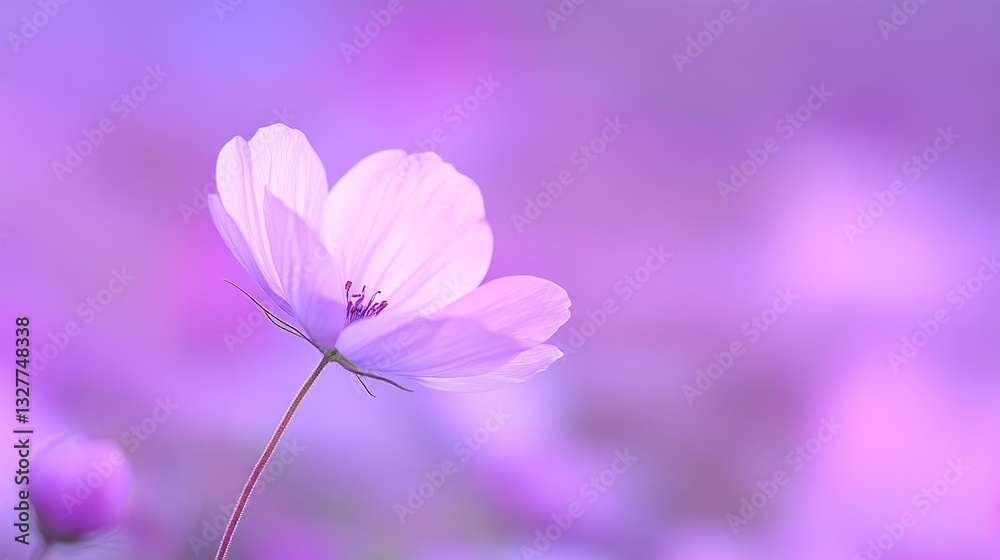 Delicate pink flower blooming against a soft purple background with blurred petals Delicate pink flower blooming against a soft purple background with blurred petals
