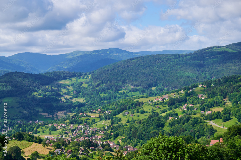 Obraz premium Rolling hills and lush valleys in the Vosges mountains during summer