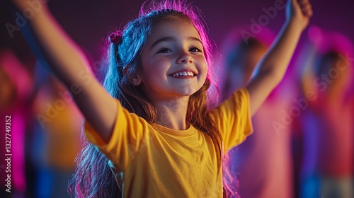 Joyful Young Girl Dancing Happily Among Friends in a Colorful Performance Environment During a Lively Event