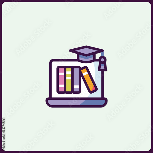 E-learning conceptual illustration, featuring books on a laptop, education