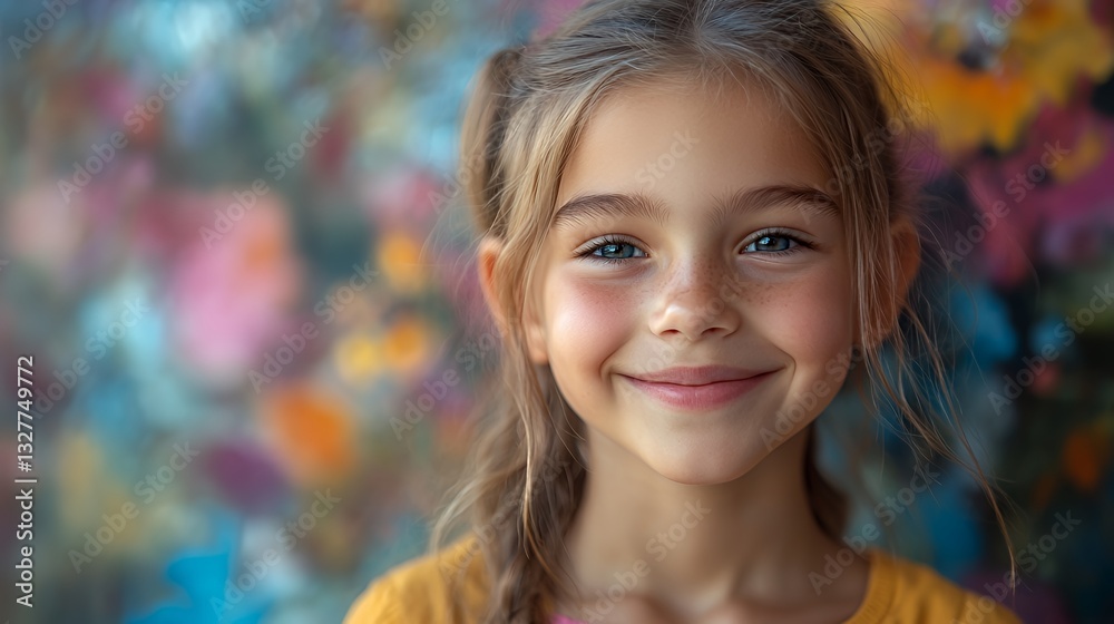 Young Girl Smiles Brightly in Front of Colorful Painted Backdrop During the Day, Showcasing Her Cheerful Personality and Joyful Spirit Young Girl Smiles Brightly in Front of Colorful Painted Backdrop During the Day, Showcasing Her Cheerful Personality and Joyful Spirit