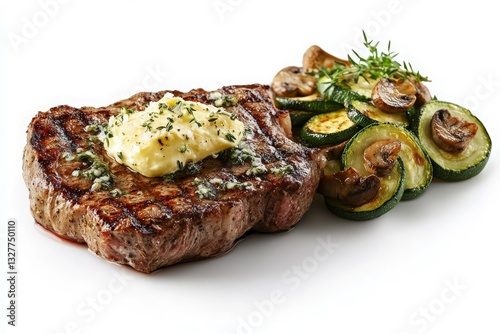 Grilled Steak with Herb Butter and Saut?ed Vegetables on a White Background - Perfect for Culinary Promotions and Food Photography photo