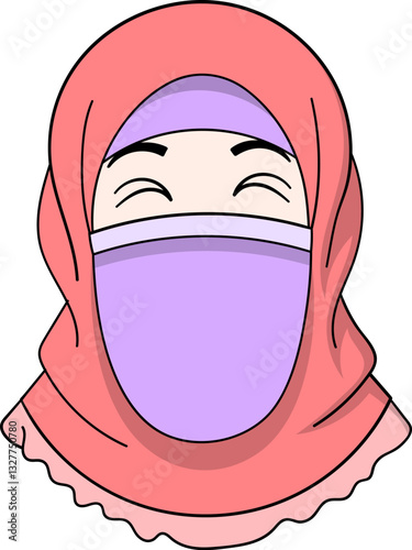 Smiling Muslim Woman Wearing a Colorful Hijab and Niqab Covering Face