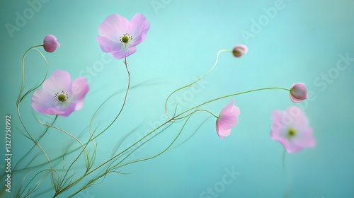   A zoomed-in view of pink blossoms against a blue backdrop, featuring a soft focus on the flower details in the foreground