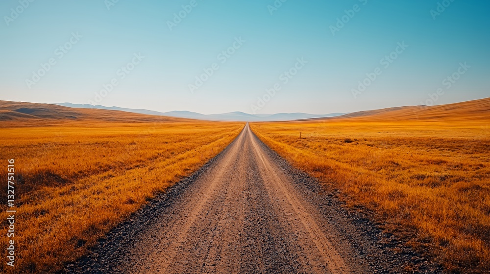 Fototapeta premium Scenic Dirt Road Stretches Through Golden Grassland Under Blue Sky in a Tranquil Landscape During Late Afternoon Light