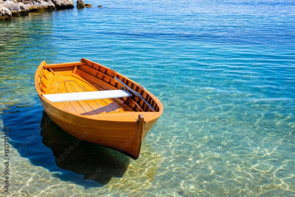 wooden fishing boat floating on crystal clear turquoise water wooden fishing boat floating on crystal clear turquoise water