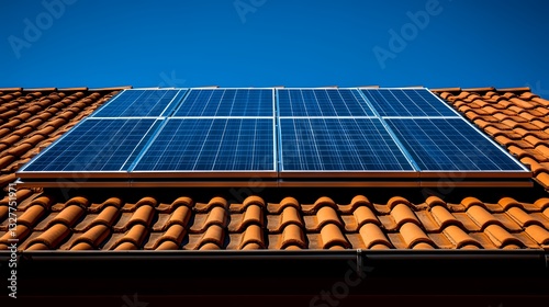 Solar Panels Installed on a Terracotta Roof Capturing Sunlight in a Clear Blue Sky During Midday
