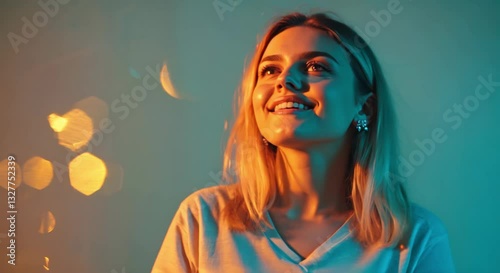 Happy Young Woman with Windswept Hair in Soft Sunlight