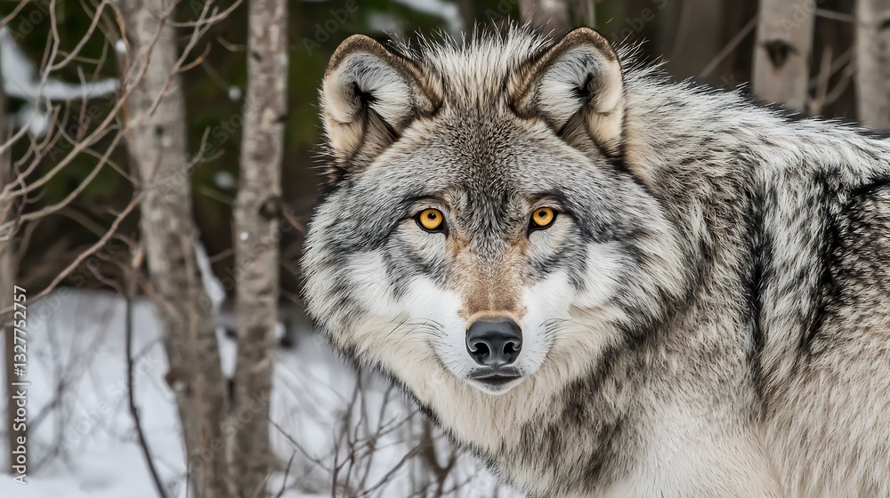 Majestic wolf portrait piercing yellow eyes thick winter fur and an intense gaze A snowy forest background adds to the wild and mysterious atmosphere Majestic wolf portrait piercing yellow eyes thick winter fur and an intense gaze A snowy forest background adds to the wild and mysterious atmosphere