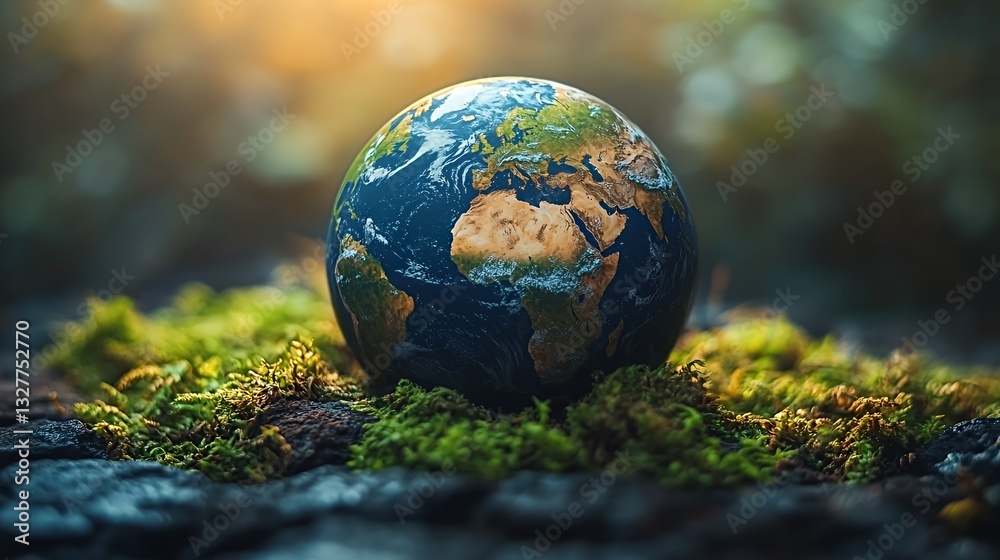 Mossy Base Supports a Vibrant Globe Illuminated by Sunlight, Representing a Connection Between Nature and the Earth Mossy Base Supports a Vibrant Globe Illuminated by Sunlight, Representing a Connection Between Nature and the Earth