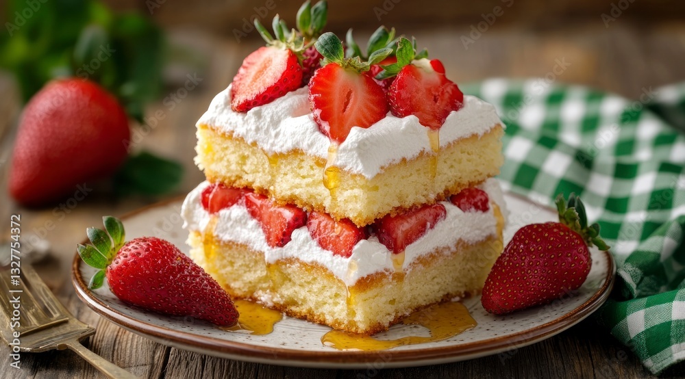 Delicious Strawberry Shortcake Dessert Stack with Cream and Honey Drizzle Delicious Strawberry Shortcake Dessert Stack with Cream and Honey Drizzle