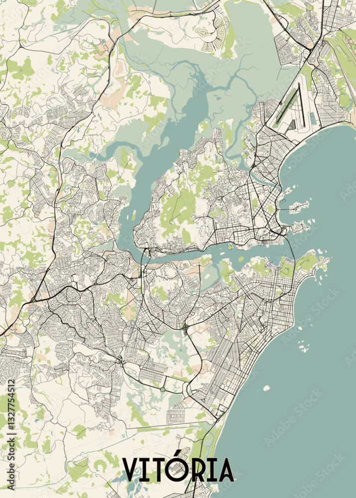 Fototapeta premium This detailed map showcases the city of Vitoria, Brazil. The map features a beige background with black lines representing streets and roads. The city is surrounded by a large body of water.