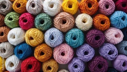 Many vibrant balls of wool and cotton yarn intended for knitting. White backdrop. Stretch and gradient. Rainbow arrangement.