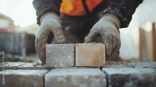 Close-up of a Worker Using Gloves to Arrange Stone Blocks for Construction