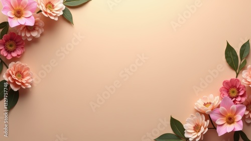 Floral Frame for International Women's Day and Mother's Day with Romantic Pink Peonies and Roses on Background
