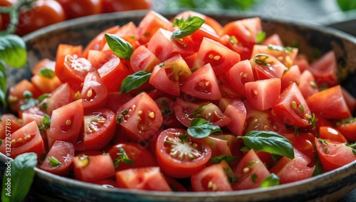 Macro view of freshly cut tomato for salad.