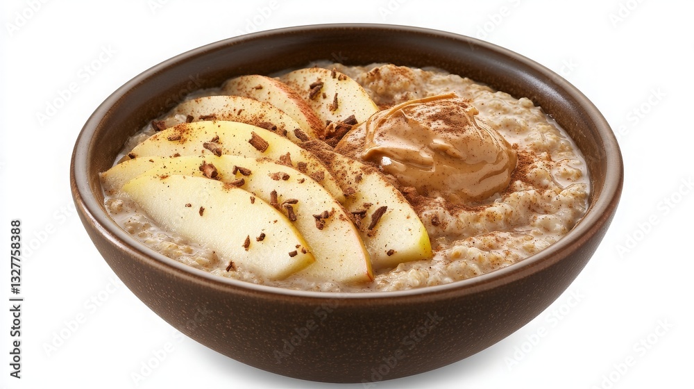 Healthy Bowl of Oatmeal Topped with Freshly Sliced Apples and Nut Butter on a Clean White Background Healthy Bowl of Oatmeal Topped with Freshly Sliced Apples and Nut Butter on a Clean White Background