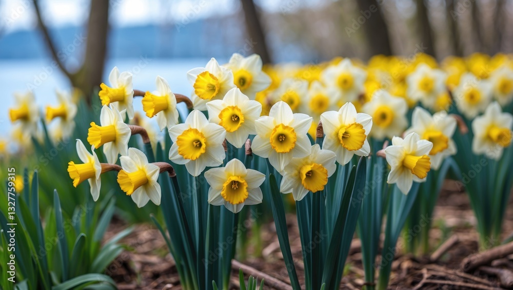 Fototapeta premium Daffodil flowers blooming in a small park by the lake's shore during springtime.