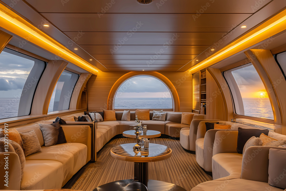 Fototapeta premium Luxurious high-end cruise ship lounge featuring plush seating and elegant design, offering an ocean retreat