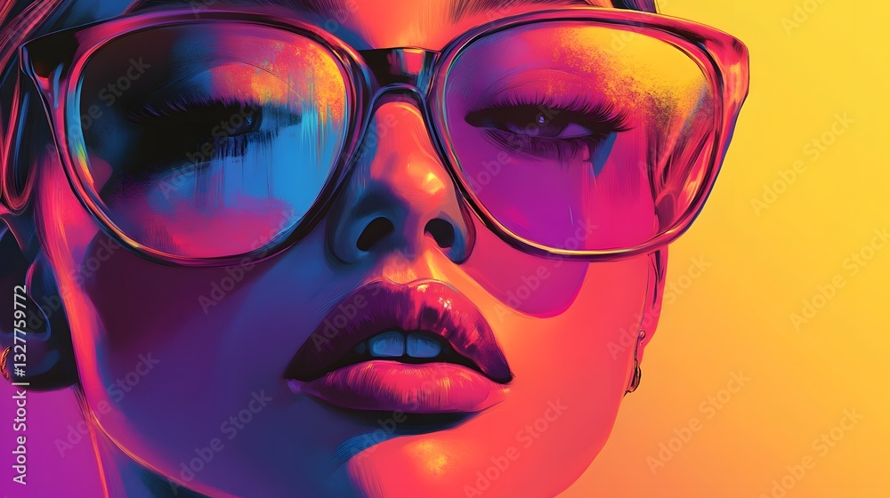 Vibrant Pop-Art Style Woman with Neon Glasses Vibrant Pop-Art Style Woman with Neon Glasses