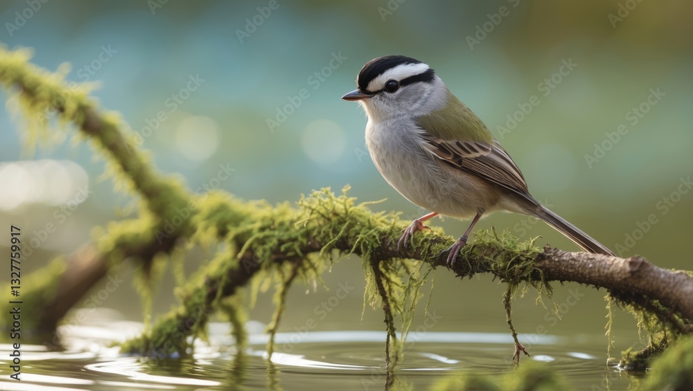 Fototapeta premium Long-tailed tit perched beside the water.