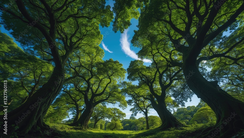 Obraz premium Gaze upward in the dark and green forest.