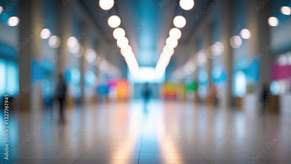 Blurred bokeh panoramic background of exhibition hall or hallway. Business trade show event, modern architectural interior, or commercial tradeshow conference seminar concept. Blurred bokeh panoramic background of exhibition hall or hallway. Business trade show event, modern architectural interior, or commercial tradeshow conference seminar concept.