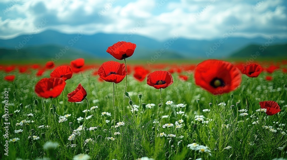 Naklejka premium Red poppies in a mountain meadow