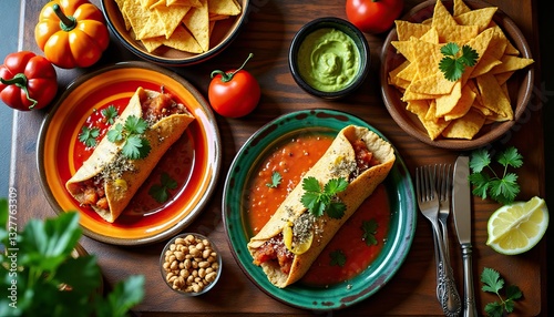 Wallpaper Mural Authentic mexican cuisine with enchiladas, guacamole, and tortilla chips celebrating cinco de mayo with traditional mexican culture and bright colors. Torontodigital.ca