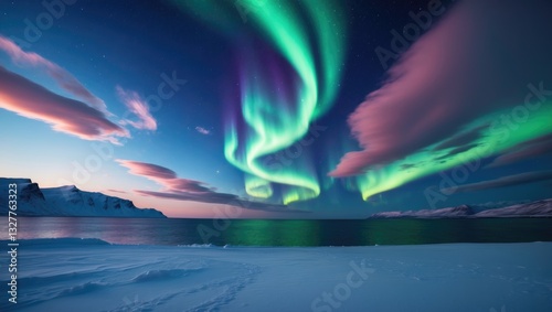 Wallpaper Mural Aurora borealis above the sea. Northern lights and icy coastline. Star-filled sky with lights and clouds. Night winter scenery featuring aurora, tranquil ocean, and snow-capped mountains. Torontodigital.ca