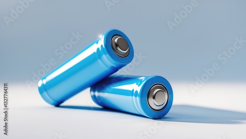 Light blue AA alkaline batteries placed separately on a white background. photo