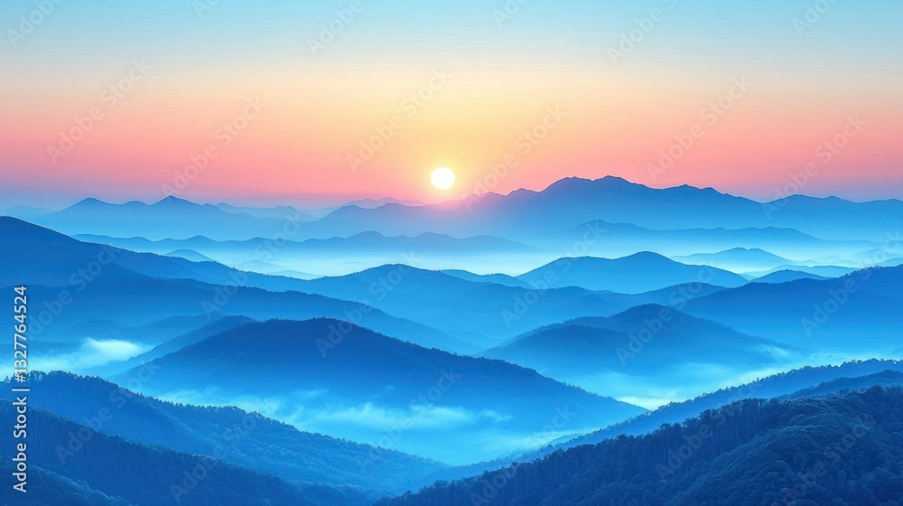 Obraz premium Majestic Sunrise over Misty Mountains: A Serene Landscape