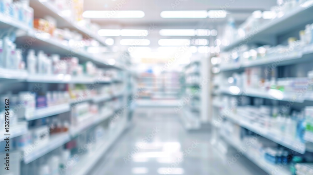 Fototapeta premium Defocused pharmacy store interior with medicine shelves and counters.