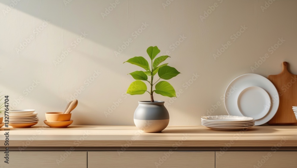 Minimal cozy counter mockup design for product display background. Branding in contemporary style featuring a bright wood top green counter alongside warm white wall plant pot, plates, and kitchenw... Minimal cozy counter mockup design for product display background. Branding in contemporary style featuring a bright wood top green counter alongside warm white wall plant pot, plates, and kitchenw...