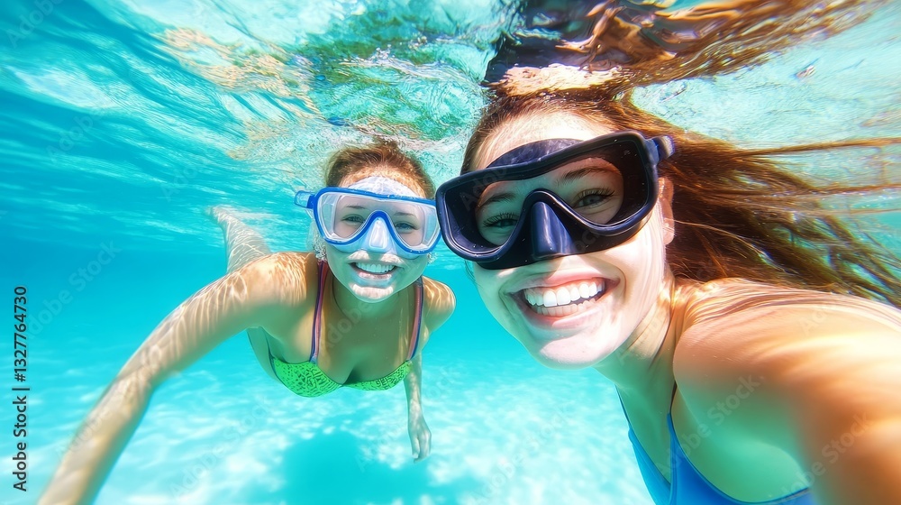 Fototapeta premium Two friend enjoying a joyful underwater selfie in a vibrant pool, capturing the moment