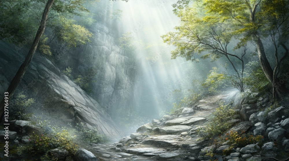 Serene Forest Pathway with Sunlight Streaming through Trees Serene Forest Pathway with Sunlight Streaming through Trees
