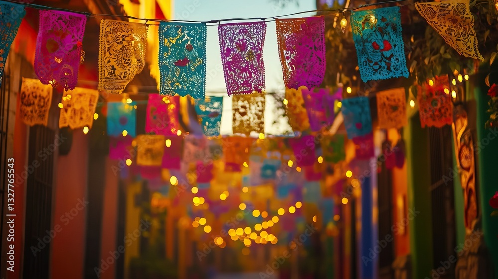Fototapeta premium Vibrant papel picado banners hanging along a colorful street during cinco de mayo celebration, showcasing mexican culture and festive atmosphere with bright colors.