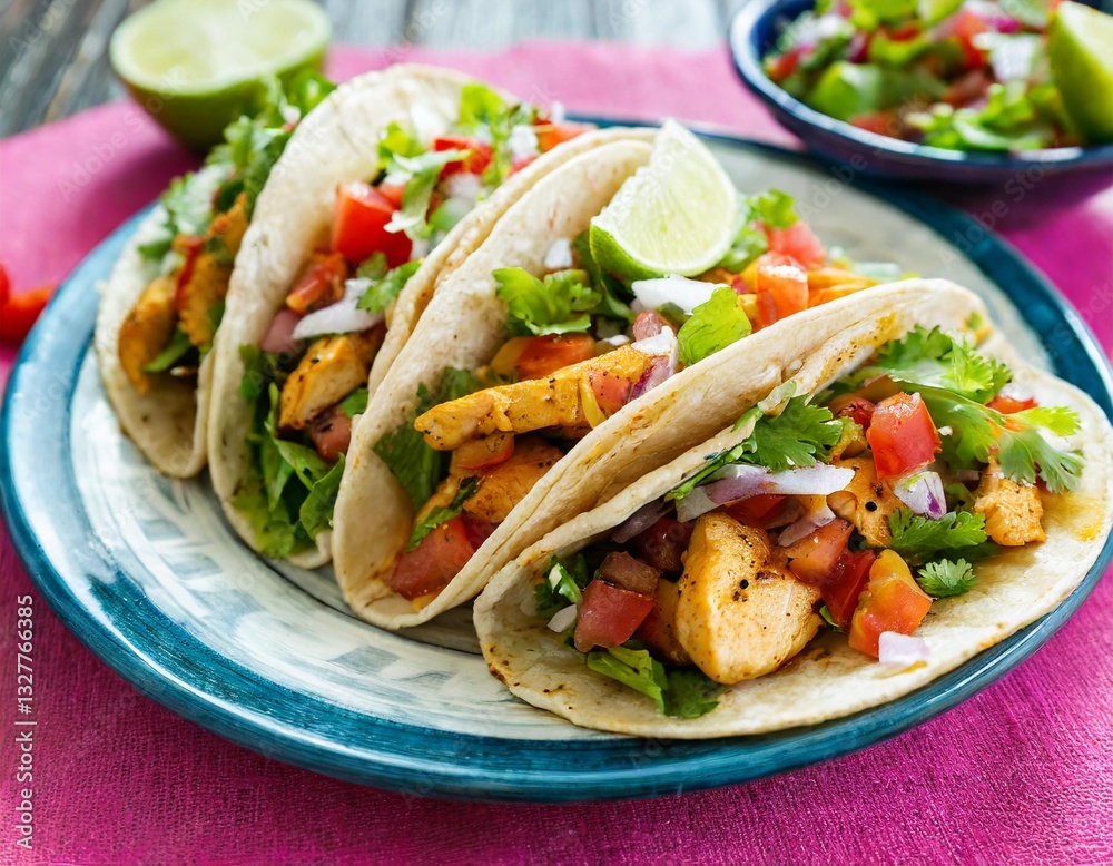 Authentic Mexican Tacos with Grilled Chicken and Pico de Gallo – Vibrant Fiesta Food on Pink Tablecloth Authentic Mexican Tacos with Grilled Chicken and Pico de Gallo – Vibrant Fiesta Food on Pink Tablecloth