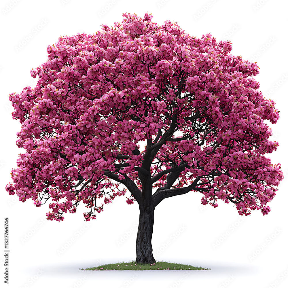 Obraz premium A vibrant tree bursts with dense pink blossoms its dark trunk grounded by a patch of green grass and a soft shadow.