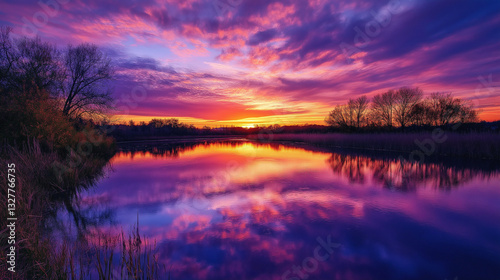 Serene Sunset Over Tranquil River Illuminates Sky Ablaze With Warm Colors And Reflective Water Gracefully
