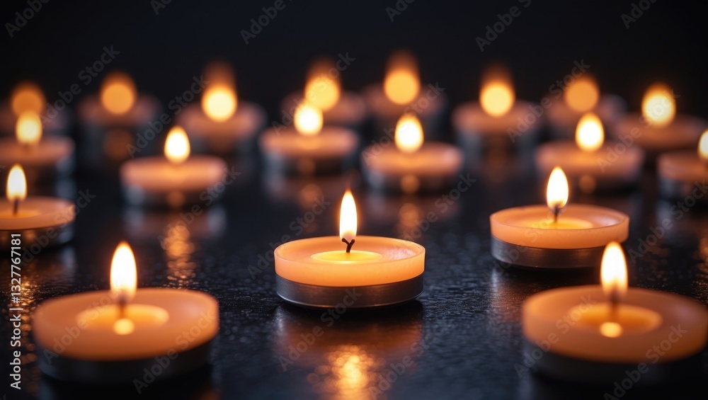 Burning candles on dark surface in the foreground against a background, closeup. Burning candles on dark surface in the foreground against a background, closeup.