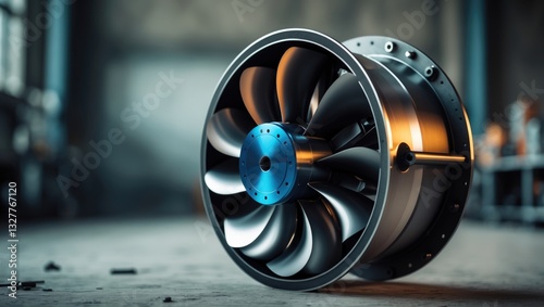 Close-up view of an impeller inside an air blower, cross-section perspective, advanced technology equipment; background.