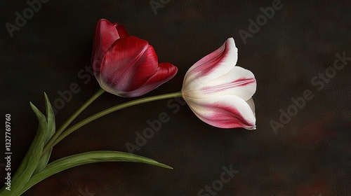  Black-brown background with two white-red tulips and a green stem in the foreground