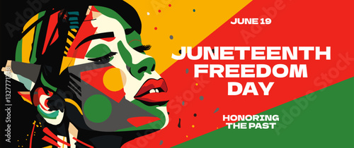 Juneteenth celebration banner with proud Black woman. Powerful vector illustration symbolizing freedom, culture and identity. Bold print design with historical significance, activism and unity.
